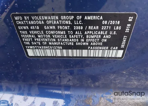 2017 Volkswagen Passat 1.8T R-Line z USA, uszkodzony, nr VIN 1VWDT7A33HC012788